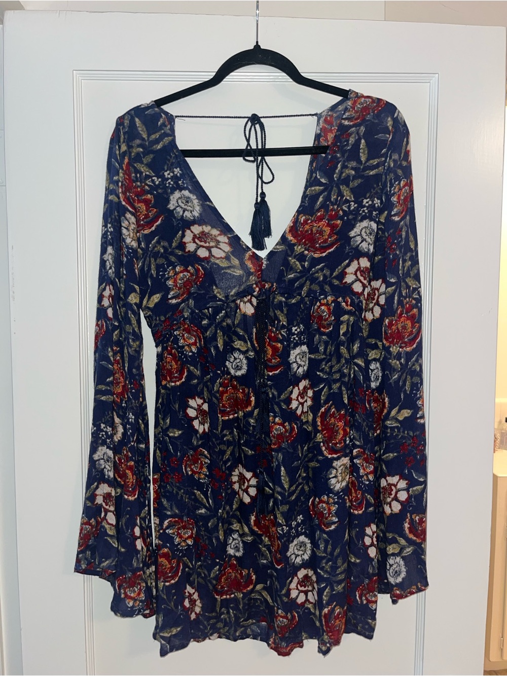 Abercrombie & Fitch Navy Floral Mini Dress with Tassel V-Neck